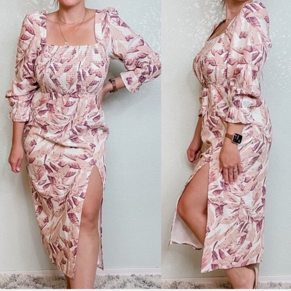 House of Harlow 1960 Linen Blend Midi Dress Pink White Palm Print Size Medium - Picture 11 of 14